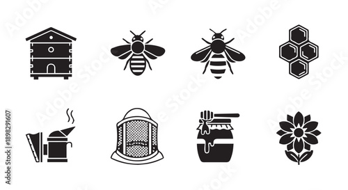 Beekeeping icons set with beehive and honeycomb