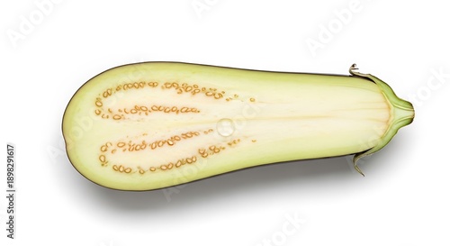 Cut Open White Eggplant with Seeds on White Background