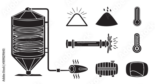 Industrial equipment and heat icons for business and technology use