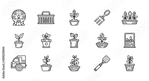 Set of modern line icons for gardening and plant care activities