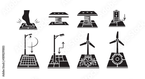 Various industrial icons with movable parts and mechanisms on display
