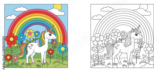 Magical Unicorn in a Flower Field with Rainbow Coloring Book Page for Kids, Cute Cartoon Unicorn Vector Illustration Set, Coloring Activity for Children