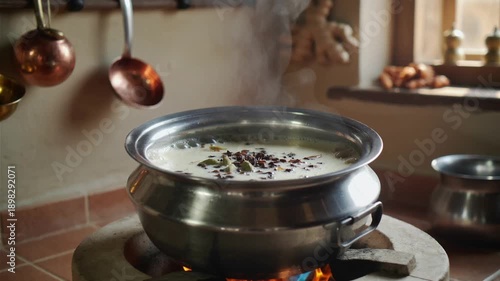 Traditional Indian kitchen cooking boiling milk with spices on a clay stove