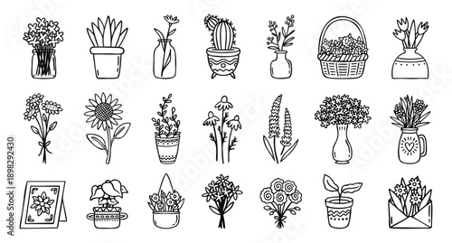 Obraz na plátne Home flowers set bouquets potted plants and vases line art outline, monochrome hand drawn