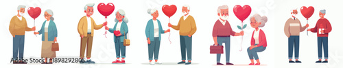 vector of a old couple giving valentine love balloons