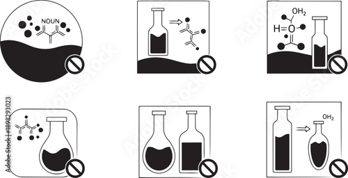 Black and white vector icons of laboratory equipment and chemical experiments, for science or chemistry presentation, website, or educational material, Isolated on transparent background, png