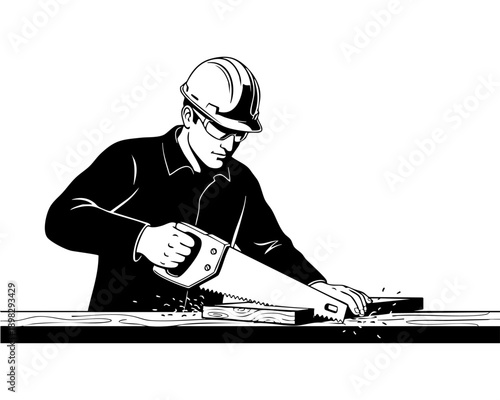 Carpenter Sawing Wood Plank with Hand Saw, black and white Line Art illustration