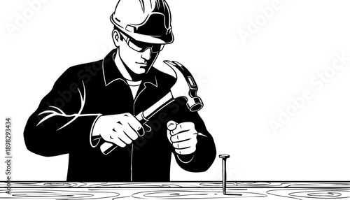 Construction Worker Hammering a Nail into Wood, Black and white Line Art Illustration