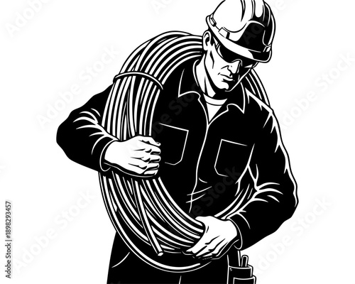 Electrician Carrying Heavy Cable Roll on Shoulder, black and white Line Art illustration