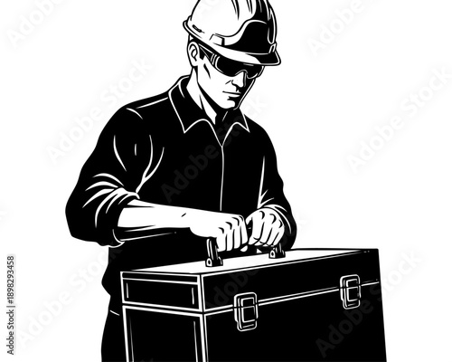 Professional Worker with Tool Box Case, black and white Line Art Illustration