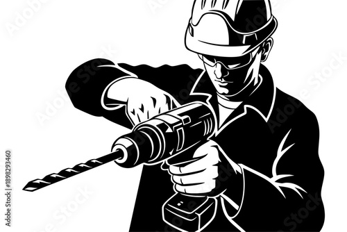 Professional Technician Using Electric Power Drill, Bold Black and White Line Art