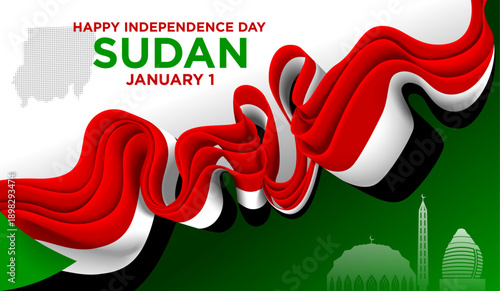 Sudan Independence Day Background with Red White Black Green Ribbon and National Landmarks