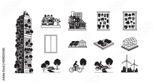 Sustainable urban living illustrations with eco-friendly elements