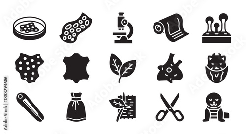 Set of black icons representing various scientific and medical concepts