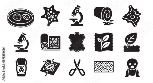 Black icons for science, nature, and technology on white background