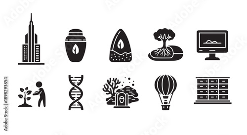 Collection of modern eco friendly and technology icons in black
