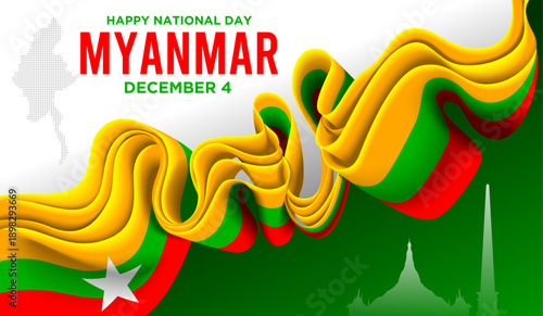 Myanmar Independence Day Background with Yellow Green Red Ribbon and National Landmarks