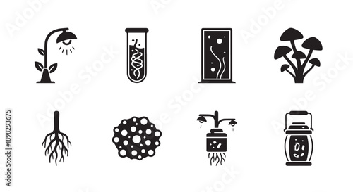 Black icons of plants and laboratory equipment for science and growth themes