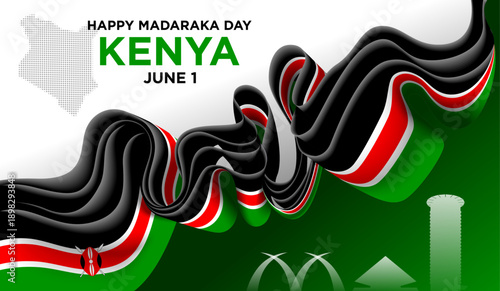 Kenya Independence Day Background with Black Red Green Ribbon and National Landmarks