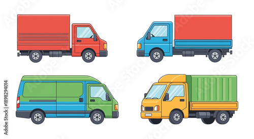 Detailed line drawings of a delivery van and a large truck