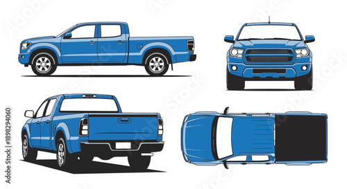 Four colorful cartoon trucks and vans arranged in a grid format