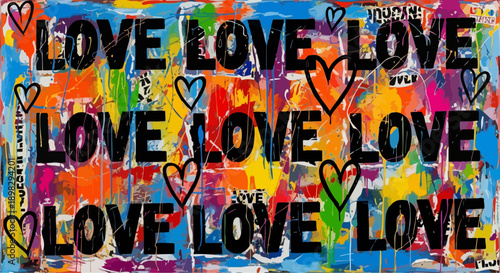 Vibrant street art painting featuring repeating bold black text of the word love and scattered heart symbols on white background