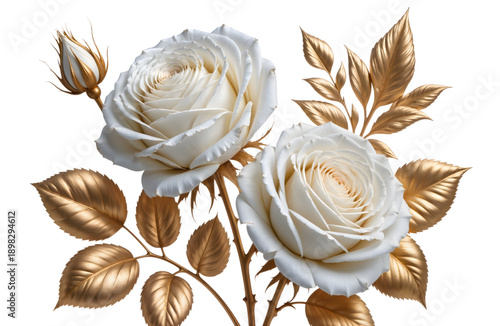 Luxury white rose flower with metallic gold leaves and bud on black background elegant botanical arrangement for wedding invitation premium branding beauty cosmetics decor for luxury ad