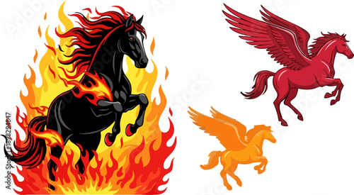 Collection of majestic mythical horses including a fiery black steed and various colored pegasi designs on white background