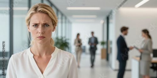 Displeased businesswoman portrait in office, demonstrating frustration, concern, or skepticism in a professional workplace environment