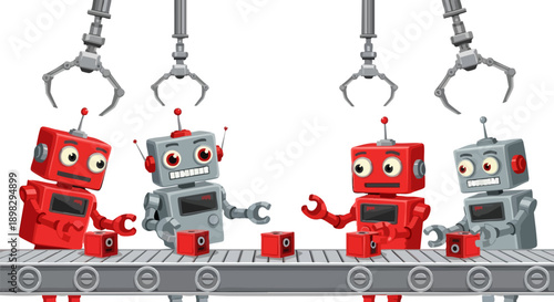 Cartoon robots working together on an automated assembly line manufacturing small electronic components on white background