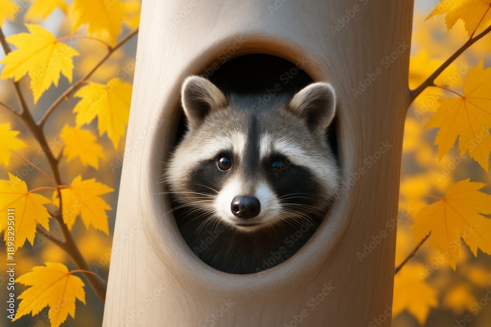Naklejka premium Curious raccoon peeking from tree hollow surrounded by bright yellow autumn leaves on soft background, warm light, cozy nature concept scene. Ai generative