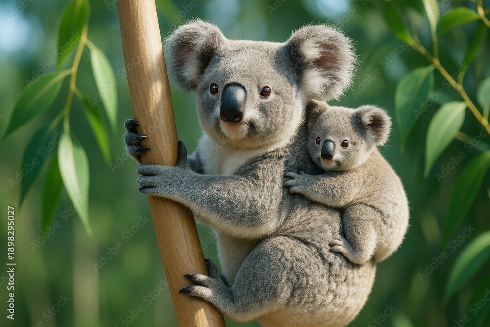 Naklejka premium Koala mother and baby clinging to tree branch in natural forest background, captured in hyper-realistic light and detail. Ai generative. Ai generative