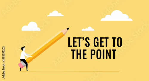 Small businessman stands ready to draw a straight line with a giant yellow sharpened pencil on white background