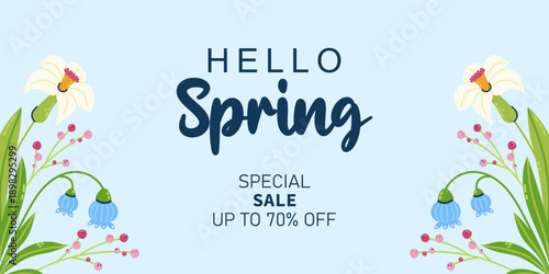 Hello Spring horizontal web banner with flower bouquets on the edges. For sales and discounts. Cute hand drawn flowers. Vector illustration.