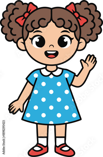 Vector illustration of a cute cartoon little girl with curly brown hair waving hello, wearing a blue polka dot dress and red bows.