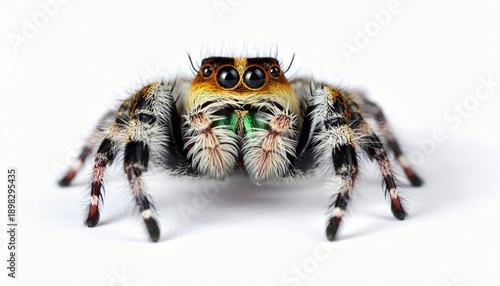 Vibrant Jumping Spider Macro Portrait on White Background
