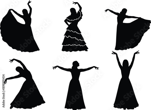 Flamenco dancer silhouette set showing traditional Spanish dance poses, flowing dresses and expressive movements, elegant black figures isolated on white background