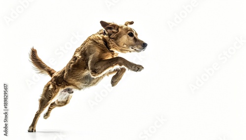 Energetic Brown Dog Leaping Mid-Air on White Background