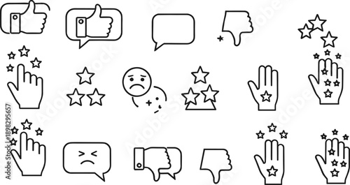Feedback and rating icons set, thumbs up down, stars, speech bubbles, review symbols, user opinion interface, flat vector design
