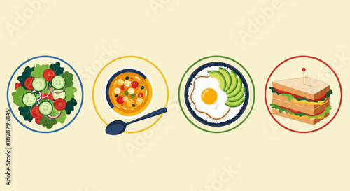 Four distinct icons representing classic meal options including salad soup breakfast eggs and a sandwich on white background