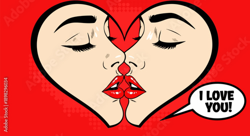 Two faces kissing to form a perfect heart shape expressing deep romantic love on white background
