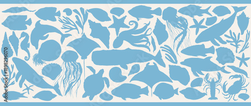 Vector sea animals silhouettes set. Ink sketch of whale, dolphin, shark, octopus, crab, lobster, sea horse, sea turtle, jellyfish.