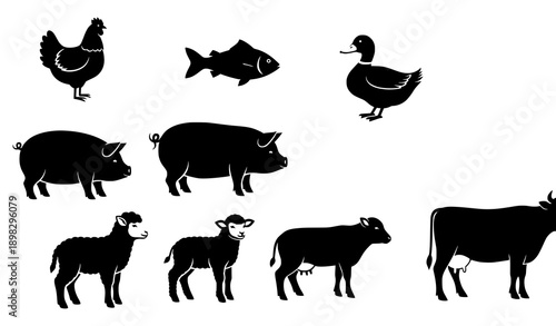 Farm animal silhouette vector icon set with chicken pig sheep cow and duck