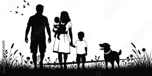 Happy family silhouette walking together with children and dog outdoors, peaceful lifestyle illustration representing love, parenting, bonding, and nature concepts