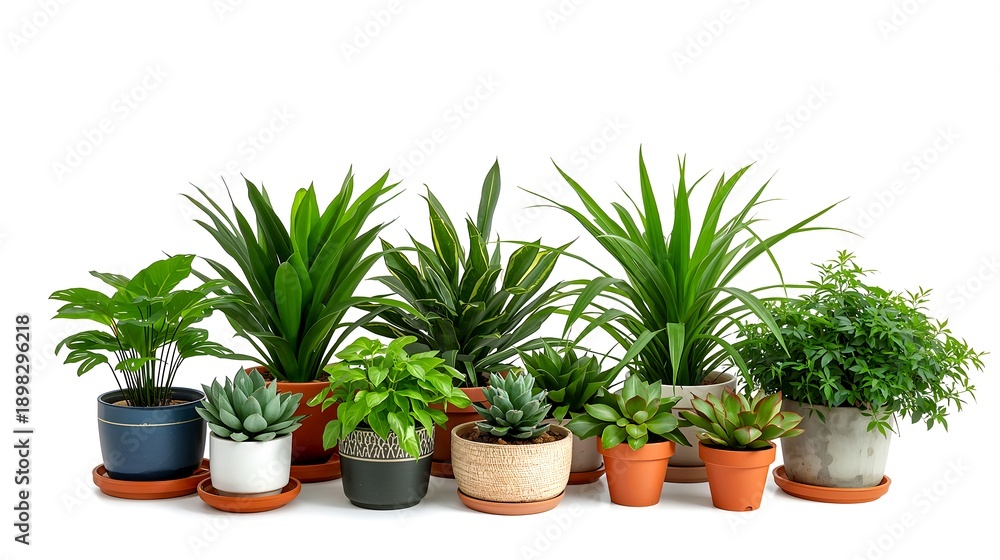 Fototapeta premium A collection of various potted plants in a row, showcasing different shapes and sizes