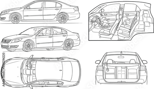 Detailed car blueprint illustration showing exterior side views, top view, interior seating, and trunk layout, technical automotive line drawing for engineering design concepts
