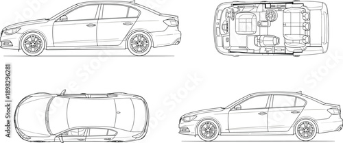 Detailed car blueprint illustration showing side and top views with interior layout, technical vehicle line drawing for automotive engineering and design concepts