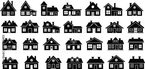 House silhouettes icon set showing various home building styles, residential property symbols illustration for real estate, architecture, housing, and design concepts
