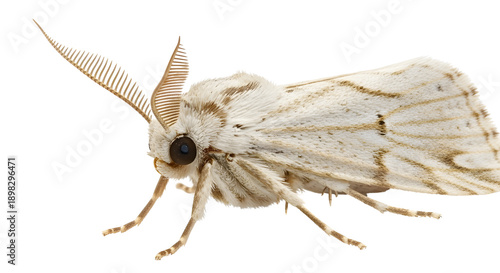 White moth insect with brown stripes on wings, macro photography of a fuzzy moth on white background, detailed entomology specimen for nature education