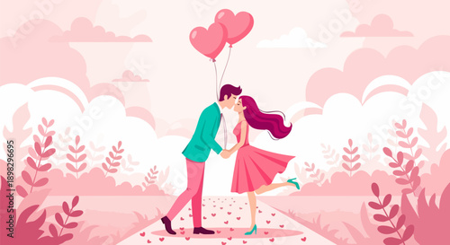 Affectionate couple sharing a romantic kiss outdoors while holding pink heart shaped balloons on white background
